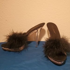 Black fluffy heeled sandals